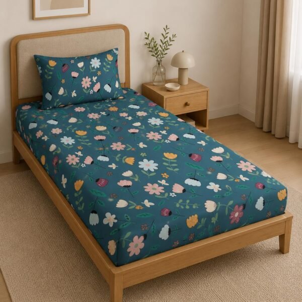 LOOMLYFE 300 TC Cotton Feel Glace Elastic Fitted Printed Single Bed Bedsheet with 1 Pillow Cover Fits Upto 6 Inches Mattress,Size- 42X75X8 Inches, Bluemultiflower