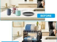 Large Multifunctional 2-Layer Kitchen countertop Dish Strainer and Filter Set with 360° Rotating Telescopic Drainage Deflector, Good Helper for Kitchen Counter Container Storage (304 Rack)