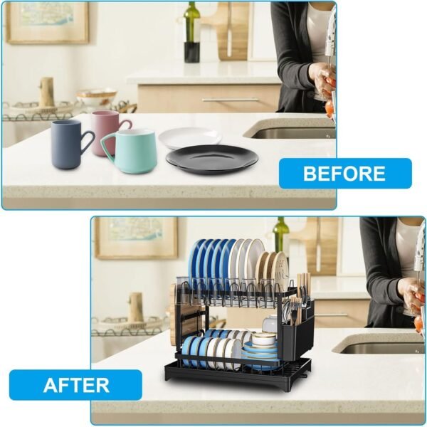 Large Multifunctional 2-Layer Kitchen countertop Dish Strainer and Filter Set with 360° Rotating Telescopic Drainage Deflector, Good Helper for Kitchen Counter Container Storage (304 Rack)