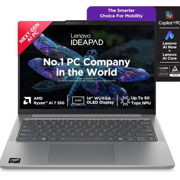 Lenovo IdeaPad Slim 5 AMD Ryzen AI 7 350 (24GB RAM/1TB SSD/14 (35.5cm)/WUXGA OLED AI Now/Copilot+ PC/Windows 11/MSO 365 Basic+Office 2024/1Yr ADP Free/Grey/1.4Kg), 83HX009DIN AI Laptop