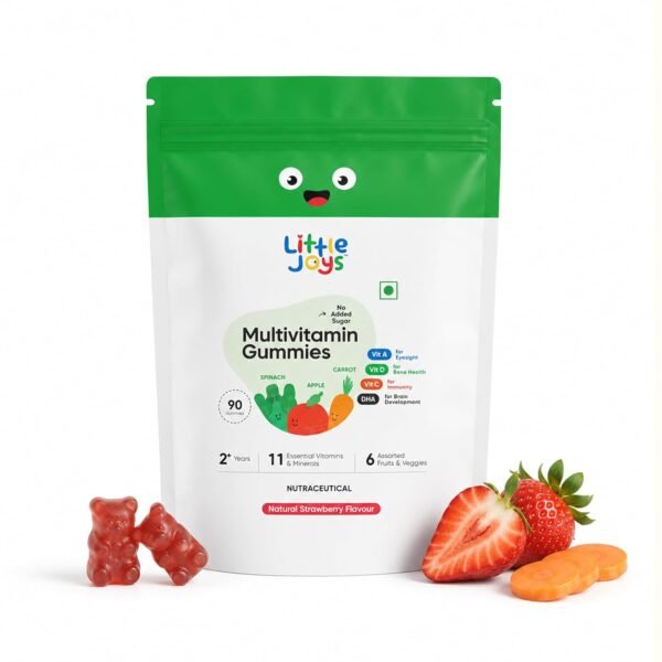 Little Joys Multivitamin Gummies Pouch for Kids (2-6 years) | 90 Days Pack | No Sugar Added | Strawberry Flavour | Boosts Immunity, Bone Density & Eyesight