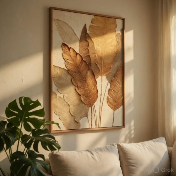 Livin'luxe Minimalist Botanical Leaf Wall Painting with Natural Color Synthetic Frame | Modern Beige Leaf Artwork HD UV Laminated MDF Wall Decor | Aesthetic Nature Wall Art for Living Room Bedroom Home