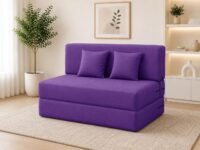 Los Angeles Foldable Two Seater Sofa Cum Bed, Sofa Bed 4 X 6 Feet Jute Fabric Washable Cover- Including Cushion Perfect for Living Room - Purple Color