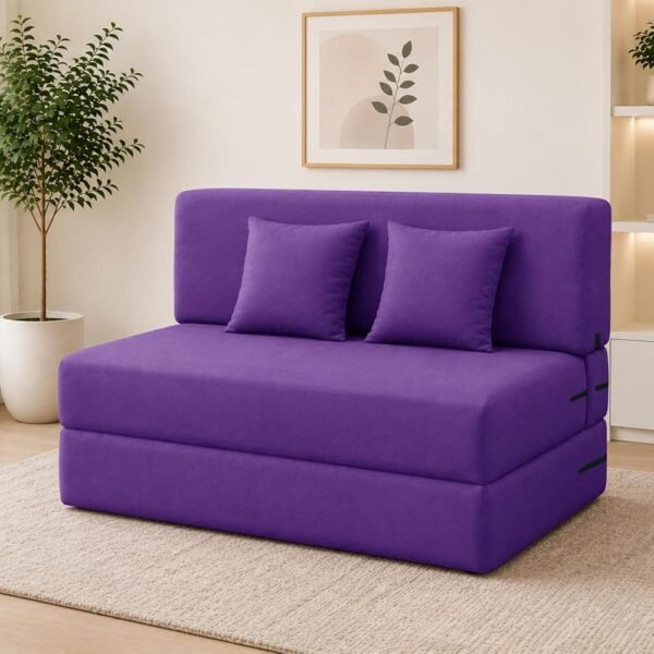 Los Angeles Foldable Two Seater Sofa Cum Bed, Sofa Bed 4 X 6 Feet Jute Fabric Washable Cover- Including Cushion Perfect for Living Room - Purple Color
