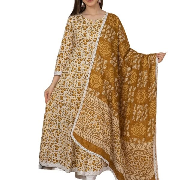 MEERA FAB Women's Cotton Printed Anarkali Kurta with Palazzo & Dupatta Set
