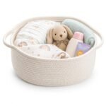 MOM CARE Cotton Rope Diaper Caddy Organizer for Baby Essentials | Nursery Storage Basket with Handles | Foldable Baby Organizer Bin for Diapers, Toys, Clothes & Nursery Storage | White