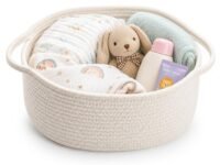 MOM CARE Cotton Rope Diaper Caddy Organizer for Baby Essentials | Nursery Storage Basket with Handles | Foldable Baby Organizer Bin for Diapers, Toys, Clothes & Nursery Storage | White