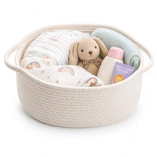 MOM CARE Cotton Rope Diaper Caddy Organizer for Baby Essentials | Nursery Storage Basket with Handles | Foldable Baby Organizer Bin for Diapers, Toys, Clothes & Nursery Storage | White