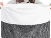 MOM CARE XXXLarge Cotton Rope Basket,Baby Laundry,Blankets, Cushion, Toy, Storage organizers With Handle Large Capacity Bin White Black