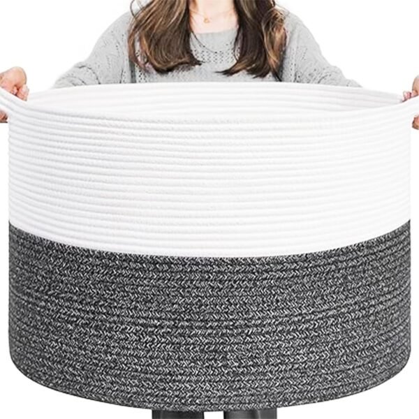 MOM CARE XXXLarge Cotton Rope Basket,Baby Laundry,Blankets, Cushion, Toy, Storage organizers With Handle Large Capacity Bin White Black