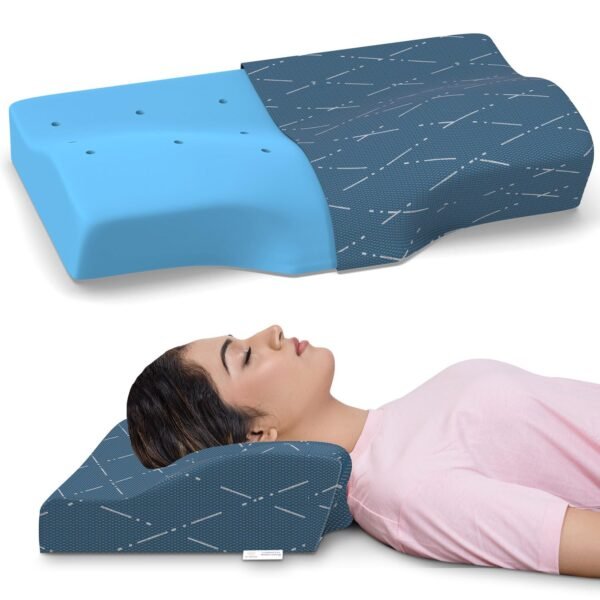 MYARMOR Cervical Pillow for Neck Pain and Shoulder Pain, Spondylitis Neck, Orthopedic Memory Foam Pillow, Sleeping Contour Support, Regular Size - 18.5 x 11 x 3.5 Inches, Blue Checks Cover