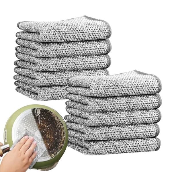 Maxoshine Non Scratch Dish Wash Cloth Scrubber for Utensils-Multipurpose Steel Wire Dishwashing Rag Cloth for Kitchen Use and Cleaning Non Stick Pans Ceramic Crockeries Fruits Vegetables (Pack of 10)