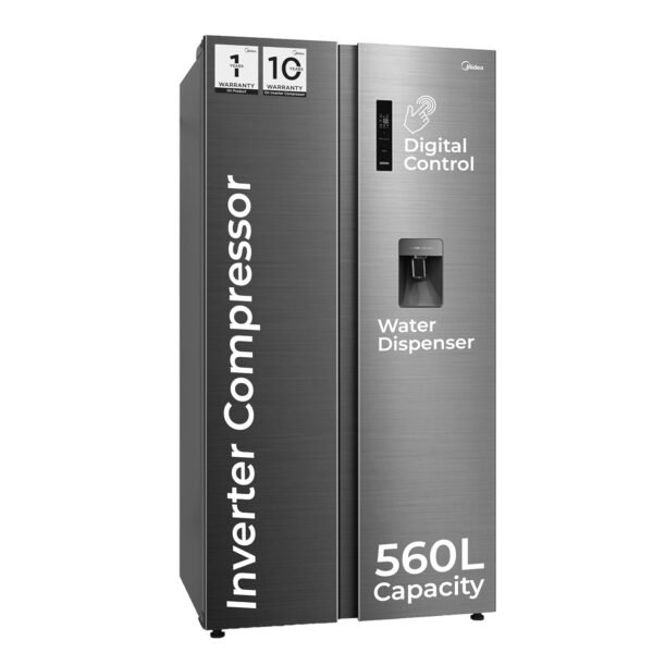 Midea 560 L Side by Side Refrigerator, Inverter Compressor, Multi Air Flow Cooling, Water Dispenser (MDRS704FGF46 Frost Free, Energy Efficient, Large Capacity, Bru-Steel Finish)
