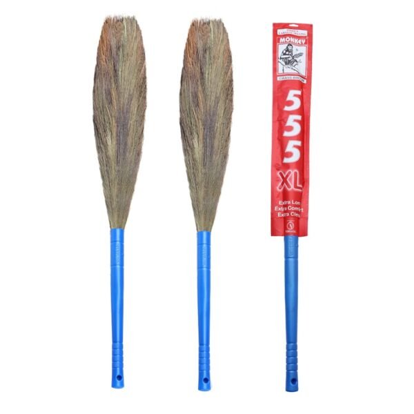 Monkey 555 XL Grass Hard Floor Broom - Pack of 2 | Broomstick Suitable for Larger Areas | Lengthy Garo Hill Grass | Removes Fine Dust | Knitted with Nylon Wire | Better Interlocking & Extra Grip, Blue