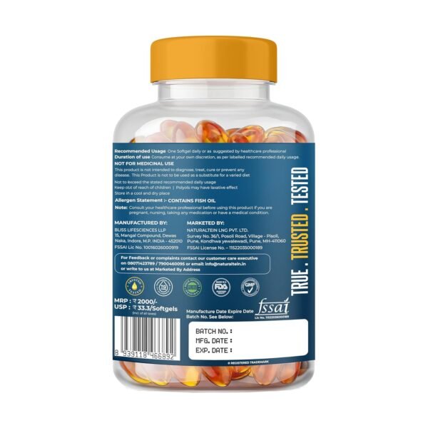 NATURALTEIN Omega-3 Fish Oil 1250mg Triple Strength Softgel Capsules | 450mg EPA & 300mg DHA in Triglyceride Form for Better Absorption | Heart, Brain, Eye & Joint Support | Glyphosate-Free | 60 Softgel Capsules Pack of 2 | 120-Day Supply