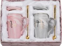 NYRWANA Coffee Mug, Wedding Present for Couples, Rakhi for Brother and Bhabhi with Gift, Mr & Mrs Set of 2 Coffee Mugs, Lids, Golden Spoon & Beautiful Gift Box (380ml-Ceramic)