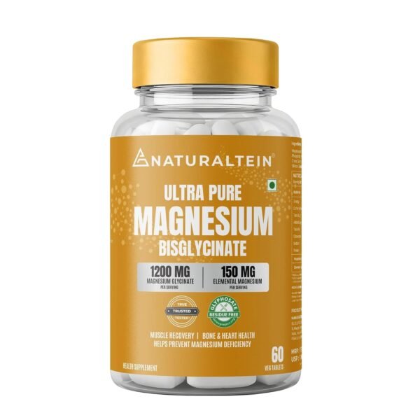 Naturaltein Magnesium Glycinate 1200mg (150mg Elemental) | Chelated High Absorption Magnesium Supports Sleep Quality & Muscle Relaxation | Glyphosate Tested | 60 Tablets