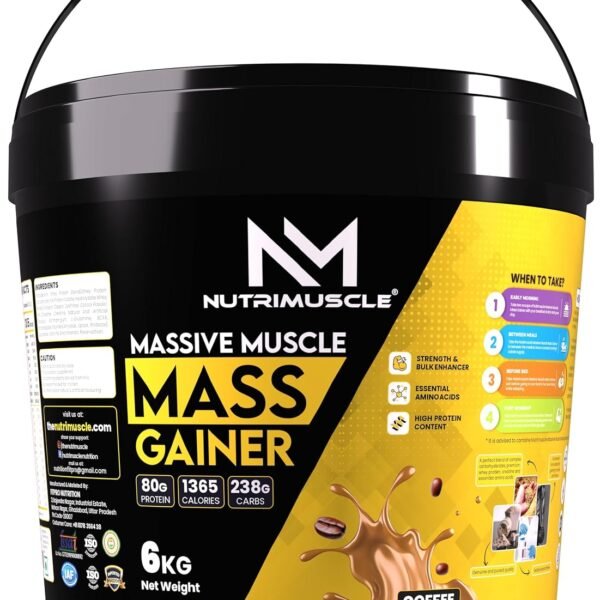 Nutrimuscle Massive Muscle Mass Gainer – Coffee Flavour | 6kg | High Protein Mass Gainer with Creatine & Complex Carbs for Muscle & Strength