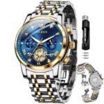 OLEVS Mens Chronograph Watch Gold Silver Stainless Steel Chain Quartz Wrist Watches Business Dress Waterproof Luminous Date Watch