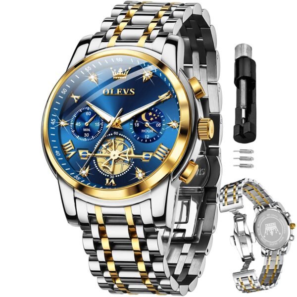 OLEVS Mens Chronograph Watch Gold Silver Stainless Steel Chain Quartz Wrist Watches Business Dress Waterproof Luminous Date Watch