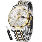 OLEVS Mens Watches Chronograph Diamond Quartz Date Calendar Moon Phase Luxury Two Tone Stainless Steel Waterproof Luminous Business Wrist Watch