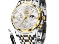 OLEVS Mens Watches Chronograph Diamond Quartz Date Calendar Moon Phase Luxury Two Tone Stainless Steel Waterproof Luminous Business Wrist Watch