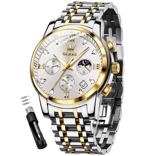OLEVS Mens Watches Chronograph Diamond Quartz Date Calendar Moon Phase Luxury Two Tone Stainless Steel Waterproof Luminous Business Wrist Watch