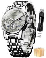 OLEVS Watch for Man Analog Quartz Skeleton Chronograph Diamond Watches Stainless Steel Moon Phase Calendar Waterproof Dress Watches