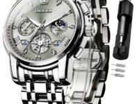 OLEVS Watch for Man Analog Quartz Skeleton Chronograph Diamond Watches Stainless Steel Moon Phase Calendar Waterproof Dress Watches
