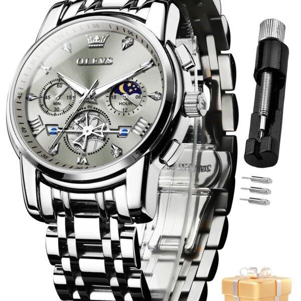 OLEVS Watch for Man Analog Quartz Skeleton Chronograph Diamond Watches Stainless Steel Moon Phase Calendar Waterproof Dress Watches
