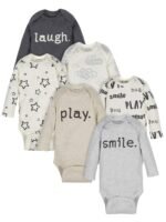 ONESIES Brand Baby Bodysuits 6-Pack Long Sleeve Soft Cotton | Six assorted long-sleeve bodysuits in soft cotton fabric - breathable and gentle against baby's delicate skin.