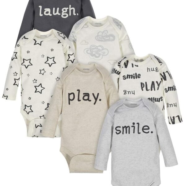 ONESIES Brand Baby Bodysuits 6-Pack Long Sleeve Soft Cotton | Six assorted long-sleeve bodysuits in soft cotton fabric - breathable and gentle against baby's delicate skin.