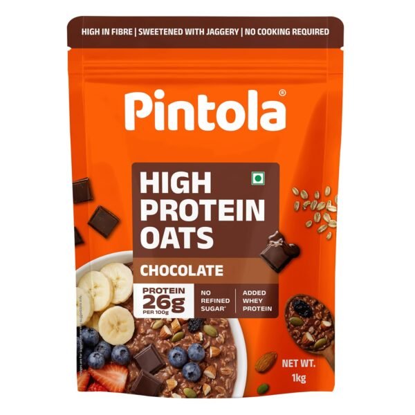 Pintola 26g High Protein Dark Chocolate Oats 1kg, No Refined Sugar, with Almonds, Raisins, Pumpkin & Chia Seeds, 9.6g Fibre, Rolled Oats for Weight management, Breakfast Cereals