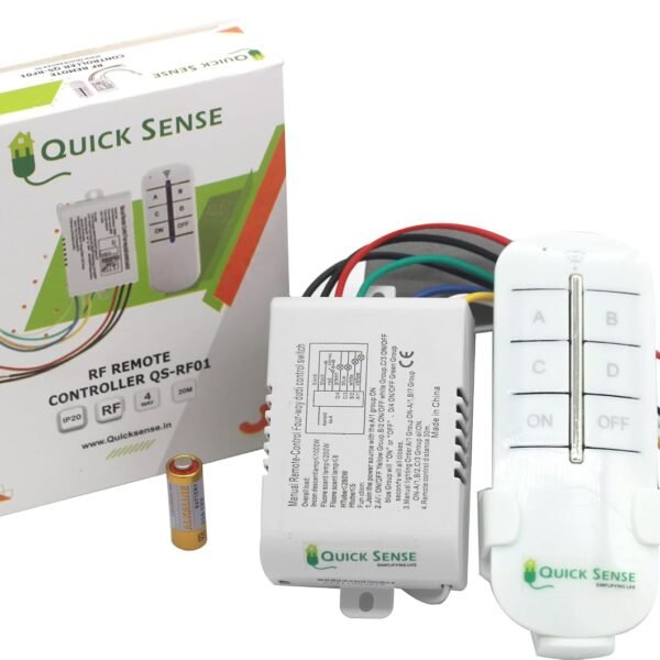 Quick Sense (QS-RF01) 4-Way RF Remote Control Switch – Wireless Remote Operated Light & Fan Controller, Standard Size Smart Switch for Home, Office & Automation