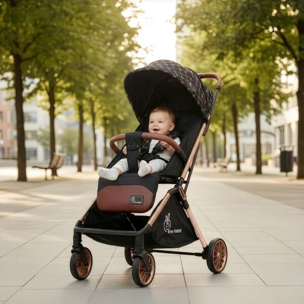 R for Rabbit Street Smart Auto Fold Stylish Newborn Baby Stroller| Aluminum Frame Pram with One Click Fold |Travel Friendly Trolley Stroller for 0-3 Years for Boy & Girl | (Gold Black)