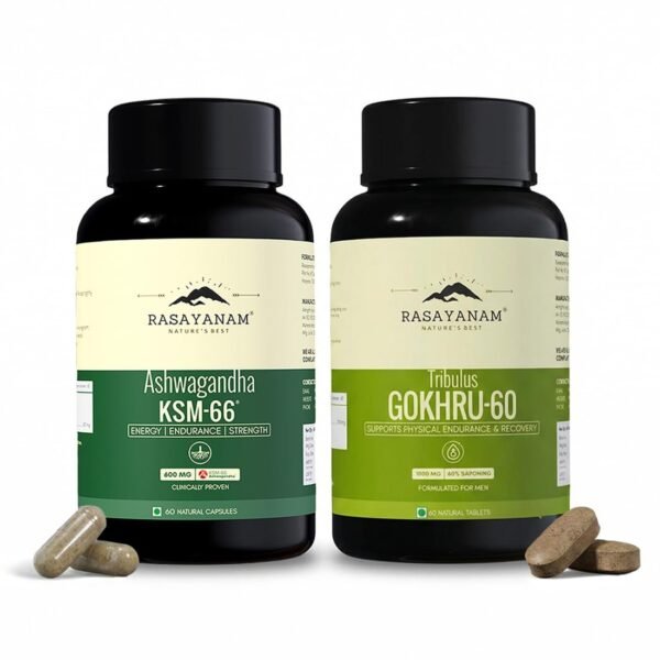 Rasayanam Ashwagandha KSM-66 (500 mg) and Tribulas Gokhru - 60 Gokshura Tablets 1000mg PACK OF 2 | Extra Strength Natural Formulation | Support Strength & Energy | For Both Men & Women