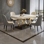 Ring Dining Table Set 4 Seater Marble Finish Dining Table Set with Gold Metal Base & Cushioned Chairs – Modern Dining Table for Home & Kitchen (54 x 36 x 30 Inch) (Grey + Cream)