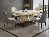 Ring Dining Table Set 4 Seater Marble Finish Dining Table Set with Gold Metal Base & Cushioned Chairs – Modern Dining Table for Home & Kitchen (54 x 36 x 30 Inch) (Grey + Cream)