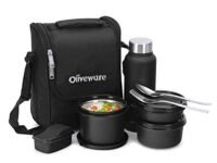 SOPL-OLIVEWARE Teso Pro Lunch Box with Steel Cutlery,3 Microwave Safe Inner Containers with Bpa Free Lids(290Ml,450Ml&600Ml) Plastic Pickle Box(130Ml) Steel Water Bottle(750Ml)-Black,600 ML