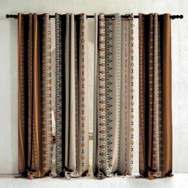 SPACES DRAPE STORY Polyester Turkish Tribal Digital Printed Boho Twill Textured Combination Room Darkening Semi Sheer Curtains - Set Of 4 7Ft Grommet Door Curtain (Brown & Beige)