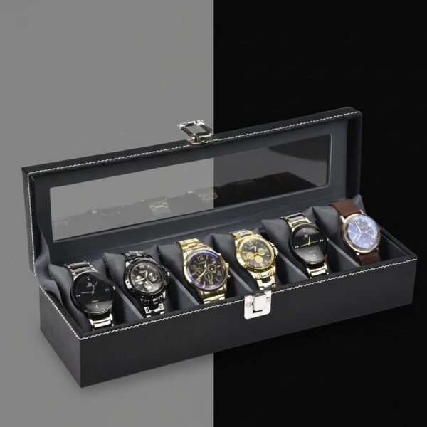 STORESHINE Men's and Women's Leatherette Watch organizer holder Case for 6 Watches in Black Grey Color, Removable Watch Cushions, Watch Box Holder, Gift for Loved Ones