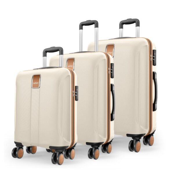 Safari Thorium Royale 8 Wheels Set of 3 Trolley Bags Hard Case Polycarbonate Luggage, TSA Lock, Wet Pouch Organized Interior, Suitcase for Travel, Trolley Bags for International Travel, Vanilla Tan