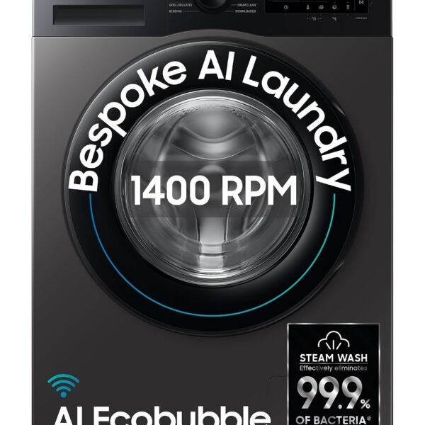 Samsung 9 kg, 5 star, AI EcoBubble, Super Speed, Wi-Fi, Hygiene Steam with Inbuilt Heater, Digital Inverter, Fully-Automatic Front Load Washing Machine (WW90DG5U24AXTL, Inox)