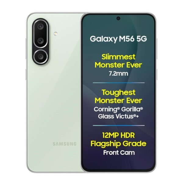 Samsung Galaxy M56 5G Mobile (Light Green,8GB RAM,256GB Storage)| Segment Slimmest | Gorilla Glass Victus+| 10 Bit HDR Video| 50MP Camera| AI | Vapour Cooling Chamber| Lag-free Gaming| Without Charger