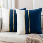 Set of 2 Pieces Velvet Throw Pillow Covers, 16 x 16 Inches - Soft Decorative Cushion Covers with Gold Leather Accent for Sofa, Bedroom, Living Room, or Car (Dark Blue)