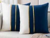 Set of 2 Pieces Velvet Throw Pillow Covers, 16 x 16 Inches - Soft Decorative Cushion Covers with Gold Leather Accent for Sofa, Bedroom, Living Room, or Car (Dark Blue)