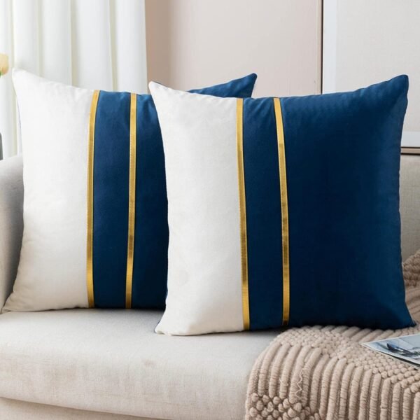Set of 2 Pieces Velvet Throw Pillow Covers, 16 x 16 Inches - Soft Decorative Cushion Covers with Gold Leather Accent for Sofa, Bedroom, Living Room, or Car (Dark Blue)