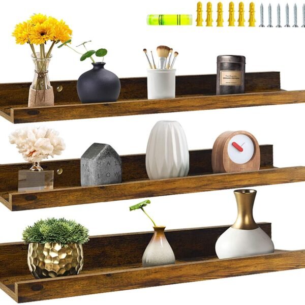 Sheesham Wood Wall Mounted Rustic Large Picture Ledge Floating Wall Shelf - 3 Different Sizes (Set of 3, 16 Inch )