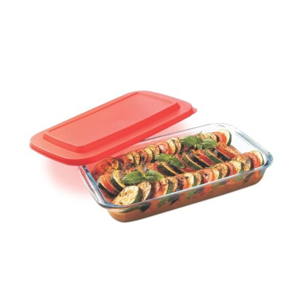 Signoraware Bake 'N' Serve Rectangular Bakeware Safe and Oven Safe Glass Dish Tray with PLASTIC LID | Borosilicate Glass Bowl Container | Microwave Oven Safe Baking (1600ml, Set of 1, Clear)