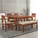 Solid Sheesham Wood Dining Table Set 6 Seater | Wooden 6 Seater Dining Table Dining Area Living Room | 4 Chair & 1 Bench | Hotel/Restaurant Dining for Six People | CNC | Honey Finish